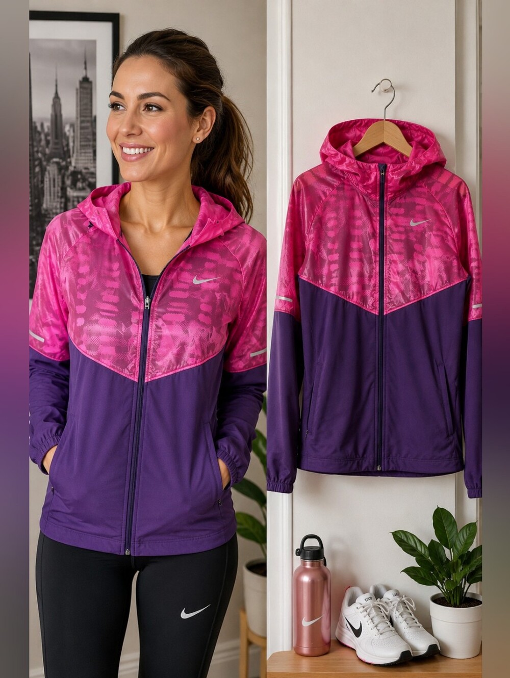 NIKE Dri-FIT | Women's L | Pink & Purple Hooded Windbreaker | Nike Running